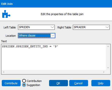This image shows the Edit Join dialog where you can perform a Custom Text Join.  A free-form work area exists where you can specify more complex joins.
